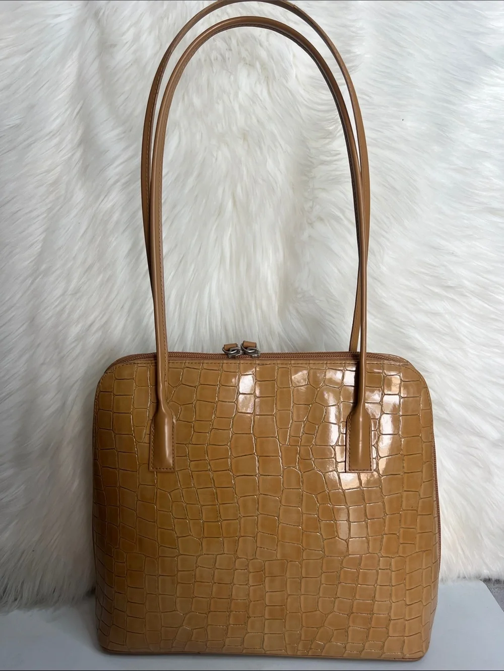 Croc-Embossed Tan Shoulder Bag